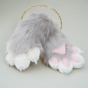 Grey Faux Fur Handpaws, Plush Animal Claw Gloves, Furry Costume Cosplay Soft Paws, Fursona Accessory, Cat Wolf Tiger Fox Paws, Pet Play