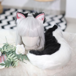 ブラックチョコレートの猫耳と尻尾、毛皮のコスプレセット、カスタム猫耳と尻尾のコスチューム、ハロウィーンのスタイリッシュな猫のコスプレアクセサリー、ペットプレイ