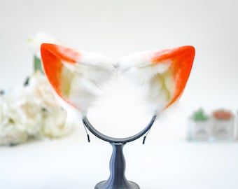 White Fox Fursuit Ears, Orange Tipped Animal Headband, Rave Festival Gear, Music Event Accessory, Furry Fandom Headpiece, Handmade Beast Ear