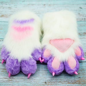 Bunte Furry Fursuit Hand Paws 4-Finger-Handschuhe mit Streifen, Furry Convention Cosplay Paws, Tierische Themen-Party Fursuit Kostüm-Accessoires
