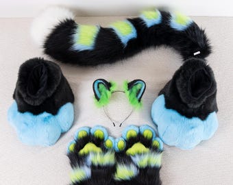 Fursuit Parts Set | Handpaws Feetpaws Ears Tail | Faux Fur Cosplay Kit | Teen Furry Costume |