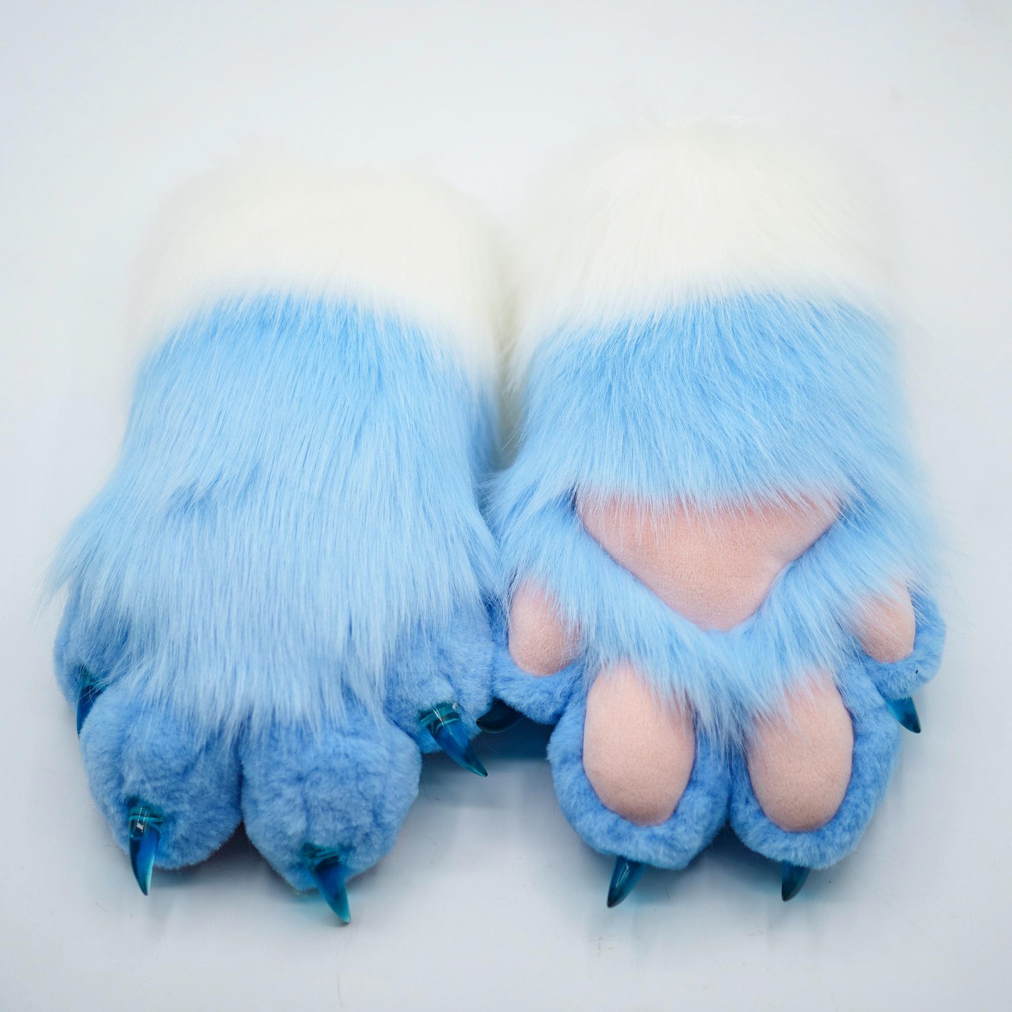 Party Fursuit Partial Costume Furry Paws Sky Blue & White Fur Baby Pink pad Furry Costume Gloves for Cosplay and anthro con, comic con