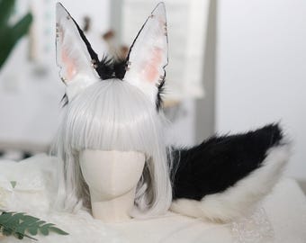 Black and White Anubis wolf Ears and Tail Set, Custom Furry Cosplay Ears&Tail for Halloween, Beast ear,Faux fur animal ears headband