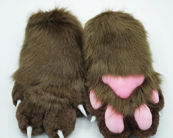 Fursuit Brown Fur 4 Finger Gloves Plush Furry Paws, Custom Fursuit Gloves, Handmade Furry Hand Paws, Faux Fur Paws Gloves, Gift For Kid