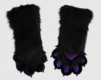 Long Arm Fursuit Handpaws 5 Finger Black Purple Gloves Puffy Paw Cosplay Costume for Furry Conventions Halloween Therian