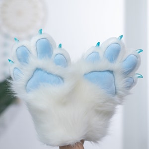 Handmade Cream-Blue Cat Paw Cosplay Gloves - Faux Fur Fluffy Kitten puppy fox Handpaws with Claws for friend kid for Anime Events