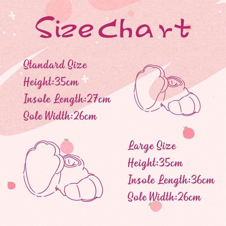 以下が含まれることがあります： 「Size Chart」の文字が入ったピンク色のサイズチャート。標準サイズとラージサイズの測定値を示しており、高さ（35cm）、インソールの長さ（27cmと36cm）、ソールの幅（26cm）が含まれています。