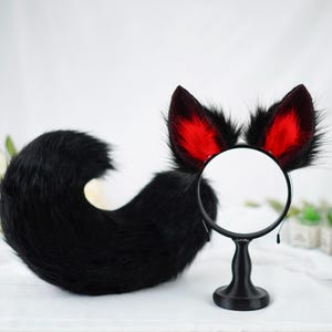 Mysterious Red and Black Fox Ears&Tail Set | Realistic Cospaly Costume Accessories | Animal Themed Party Halloween Christmas Dress-up