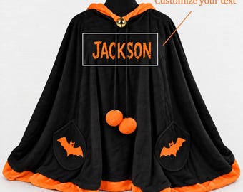 Personalized Halloween Cloak Custom Name Cape, Black Orange Halloween Costume for Teens Adults, Spooky Party Outfit, Hooded Cape