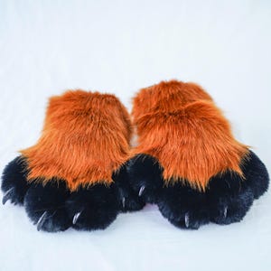 Puffy Paws Schwarz & Braun Kunstpelz Fursuit Kostüm Cosplay Weiche Pfoten mit Krallen mit rosa Pfoten - Made To Order