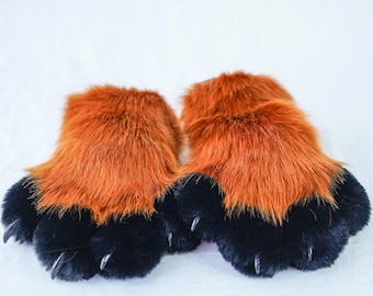 Puffy Paws Czarny i Brązowy Sztuczny Futerkowy Kostium Cosplay Miękkie Łapy z Pazurami z Różowymi Poduszeczkami Łap - Wykonane Na Zamówienie