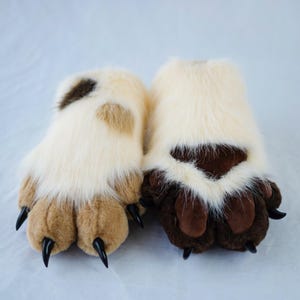 Pelzige flauschige Pfoten mit Flecken | Weiche Leder Fursuit 4-Finger-Handschuhe Einzigartiges Kostüm Zubehör für Cosplay und Themen Events