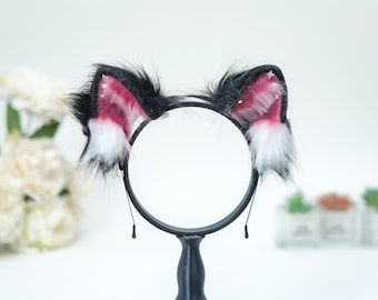 Black Cat Ears with Pink Star Studs | Wine Pink Inner Fur, White Fluff Trim | Gothic Lolita, Rave Accessory, Neko Cosplay Gift