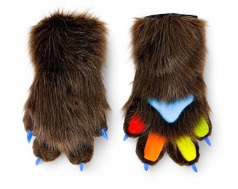 Brown Fursuit Paws with Rainbow Beans | Neon Colorful Paw Pads & Blue Claws | 4-Finger Furry Gloves | Monster Sparkledog Cosplay Gear