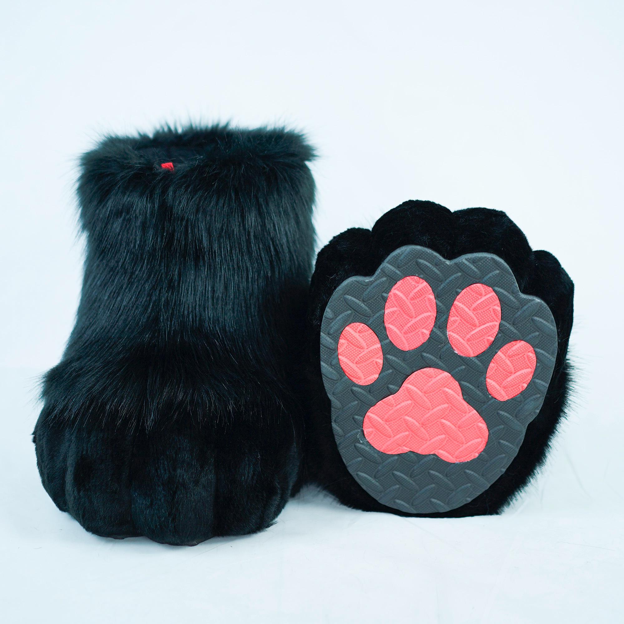 Fursuit All Black Feet Paws Outdoor Shoes | Soft Faux Fur Paw Slippers with Durable Paw Pads | Fursona Furry Convention Animal-Themed Event