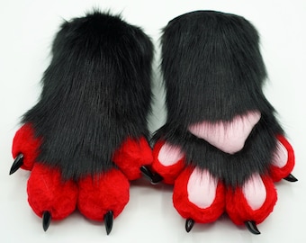 Premium Fursuit Hand Paws - Miękkie, sztuczne futro jako dodatek do kostiumu dla fanów futra, na konwenty anime i Halloween. Czarno-czerwone, futrzane łapy.