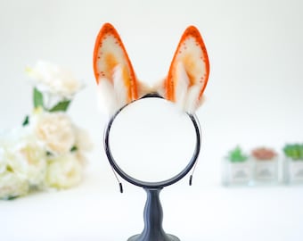Rabbit Fursuit Ears, Handmade Orange Tip Bunny Cosplay Headband, Camel Tan Fluffy Accessory, Unique Spot Detail, Soft and Cosplay Accessory