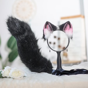 Black and Pink Cat Ear&Tail Set, Cosplay Accessory with Unique Inner Ear Design, Kawaii Furry Costume Ears for Halloween Themed Parties