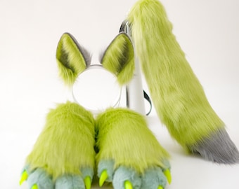 Ears, Tail and Handpaws Set, Furry Mini Partial | Custom Furry Cosplay Set | Gray and Green Feral Dog Style