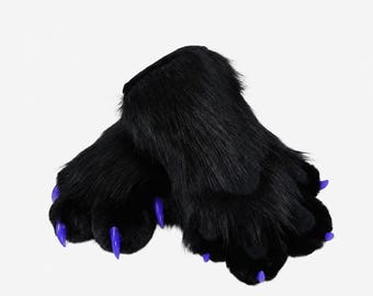 Black Fursuit Paws | Monster Cat Cosplay Gloves with Purple Claws | Furry Convention Gear | 3D Puffy Toony Faux Fur