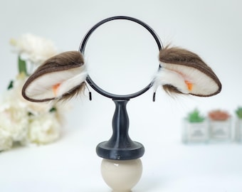 Sheep Fursuit Ears, Handmade Brown and White Lamb Cosplay Headband, Fluffy Droopy Faux Fur Accessory, Cottagecore Gift, Cute Animal, Con