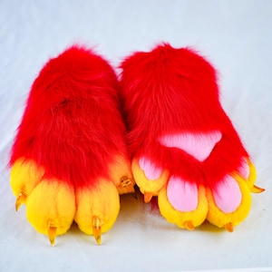 Furry Paws with Red Fur Pink pad Yellow Finger&Claws | Fluffy Fursuit Partial Costume Accessories Furry Gloves for Cosplay and Themed Events