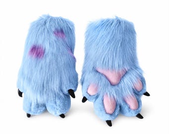 Blue Monster Fursuit Paws | Purple Spotted Cosplay Gloves | Furry Convention Gear | 3D Puffy Pink Pads