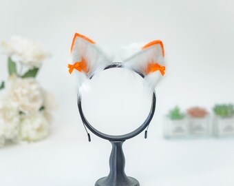White Cat Ears with Orange Tipping | Handmade Faux Fur, Neko-chan Accessory, Bright Orange Bow | Sweet Kawaii Fashion, Anime Cosplay Gift