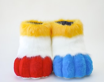 Comfortable Outdoor Fursuit Shoes, White Red Blue Yellow Paws, Kemono Plush Costume Feet, Durable Walking Paws for Furry Convention