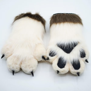 Beige pelzige Handpfoten mit braunen 4-Finger-Armstulpen | Fluffiger Fursuit Teilkostüm Furry Paws für Cosplay Convention und Themen Events