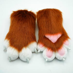 Fursona Paws-Premium Fur Character Hands for FurCon,Teen Cosplay Halloween Animal Costumes,Brown White Fluffy Fursuit Partial Accessories