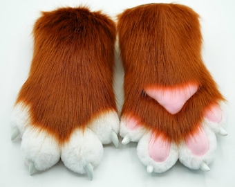 Fursona Paws-Premium Fur Character Hands na FurCon, nastoletnie kostiumy cosplay na Halloween, brązowe, białe, puszyste, futrzane, częściowe akcesoria