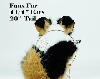 light brown and black puppy ears+Tail set, Tail Butt Plug, Anal butt plug,  Faux fur Set,  Set costume, Cosplay ears, Costume ears, fox tail