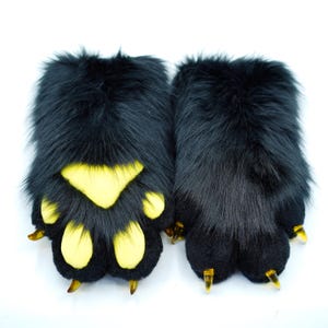 Honey& bear paws! Black plush comfortable handmade hand paws gloves with yellow pads cat puppy fox wolf pet play furry gloves cosplay gloves