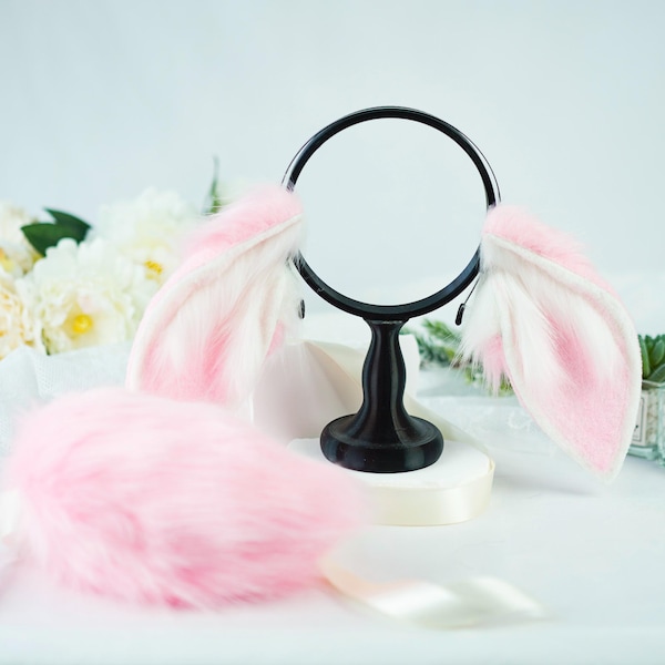 Adorable Pink and White Lop Bunny Ears & Matching Cute Small Tail – Furry Ears for Cosplay, Fursuits, Convention and Animal-Themed Events