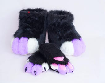 black and Tropical blue outdoor fursuit feet paws and paws,Halloween gift for kids kemono toony fursuit paws, furry shoes fox paws, petplay