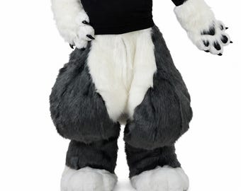 Fursuit pants tail and paws set, dark grey white plush plantigrade legs, puffy cosplay costume with quick entry zipper