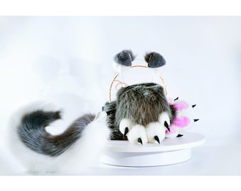 Grey shepherd dog cosplay set dog ear and tail dog paws puppy tail petplay puppy ear and paws and tail set faux fur puppy tail   mature