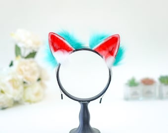 Strawberry Mini Cat Ears | Green and Watermelon Red Faux Fur, Kawaii Neko Headband | Sweet Decora Fashion, Food-Themed Cosplay Accessory