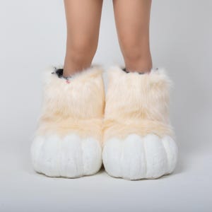 Beige&White Outdoor Fursuit Feet Paws-Comfortable and Durable Fursuit Accessory Kemono Soft Plush Costume Paws Halloween gift for furry