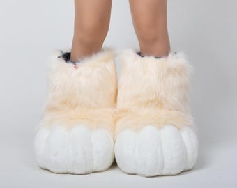 Beige&White Outdoor Fursuit Feet Paws-Comfortable and Durable Fursuit Accessory Kemono Soft Plush Costume Paws Halloween gift for furry