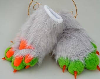 Furry Grey Hand Paws - Faux Fur Cosplay Gloves for Fursuit, Commission Cat Fox Wolf Dog Paws, Handmade Gift for Kids & Cosplay Enthusiasts