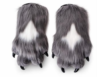 Gray and White Fursuit Paws | Husky Wolf Cosplay Gloves for Adults | Furry Convention Gear | 3D Puffy Toony Faux Fur