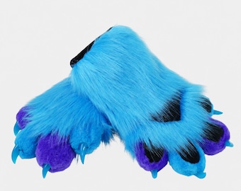 Neon Wolf Fursuit Gloves Blue Purple Puffy Paws Comic-Con Anthrocon 3D Sculpted Faux FurFurry Fandom Accessories