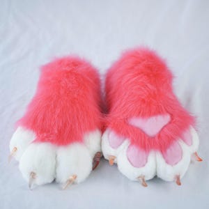Furry Paws with Red Fur Pink Pad White Finger | Fluffy Fursuit Partial Costume Accessories Furry Gloves for Cosplay and Themed Events