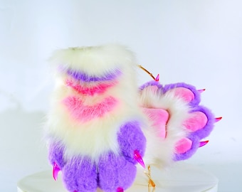 white purple pink stripe paws, furry gloves, cosplay gloves, cat paws, puppy paws, wolf paws, tiger paws, fox paws, pet play, furry