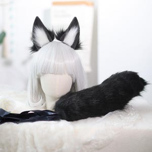 Black and White Wolf Dog Ears Tail Set,Furry Cosplay Costume, Kawaii Animal Ears headband for Halloween&Themed Events Kawaii, Realistic Ears