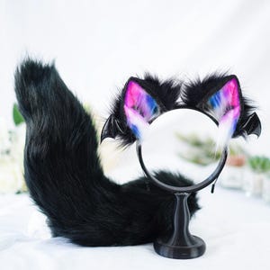 黒と紫の邪悪な耳と尻尾のセット、コンベンションやハロウィーン用のカスタムファーリーコスプレセット、動物コスチュームアクセサリー、ペットプレイゴシック