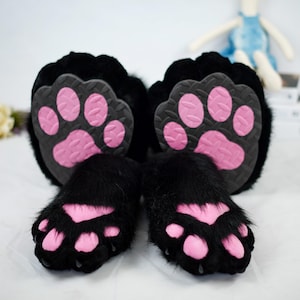Black and Pink Outdoor Fursuit Feet Paws and Hand Paws Set, Cosplay Furry Shoes Costume Accessories, Themed Parties Festival Fursona Gifts