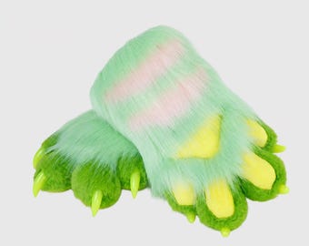 Pastel Green Monster Paws Pink Stripe Kemono Fursuit Gloves Teen Cosplay Gear Anthrocon Party  3D Faux Fur Handpaws